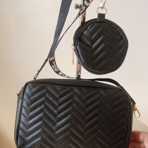 Black Chevron Quilted Crossbody Bag with Coin Pouch & Strap
